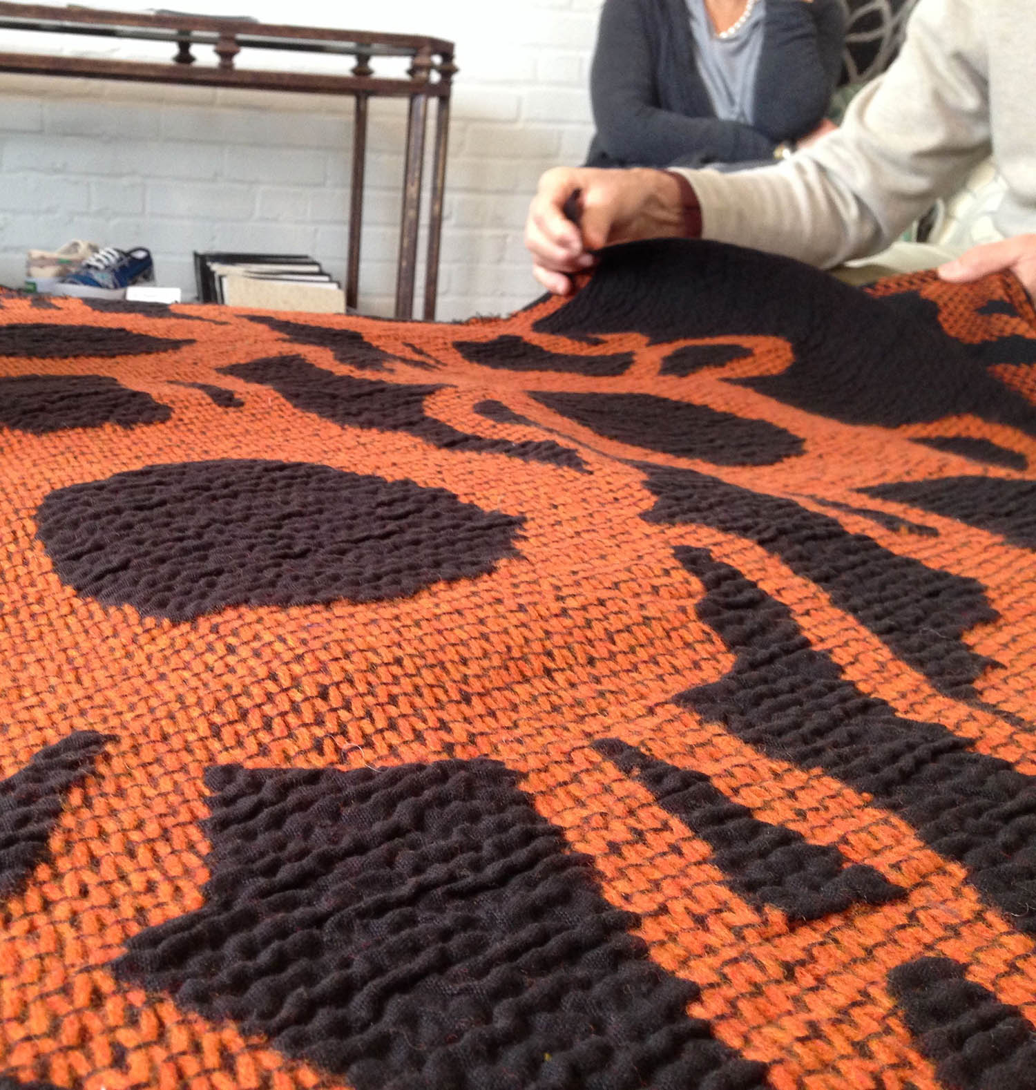 We used contrasting colors to weave this example of Tatting to explain its deflected weft weave structure  and differential shrinkage after finishing during our public tours.